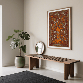 Tree Of Life Art on a wall showing an orange folk-art tree with white flowers above a wooden bench and round mirror