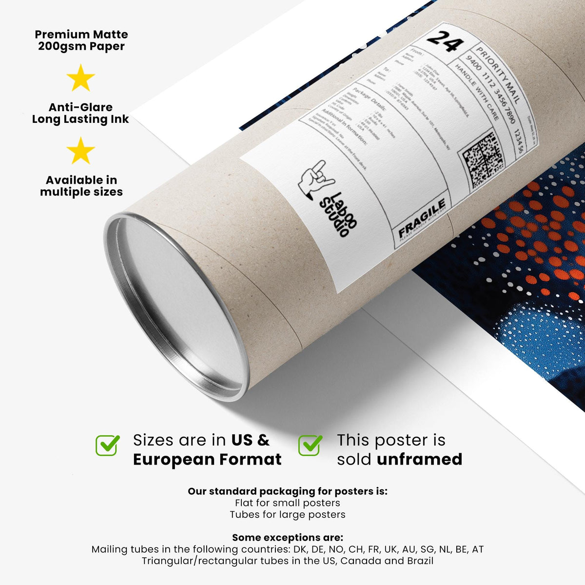 Packaging tube for unique living room wall art with printed label and part of rolled print visible