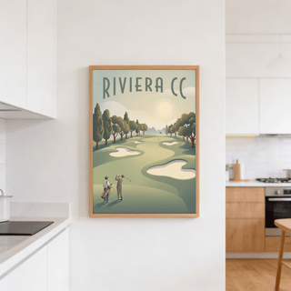 Golf Landscape Poster on wall showing vintage illustration of golfers on course with green and beige tones in kitchen