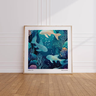 Wall Art Fish print leaning on a wooden floor with a white wall behind showing spotted fish in blues and greens
