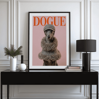 Dressed Up Dog Print framed print of a greyhound in a tweed hat and fur collar above a black sideboard with lamp