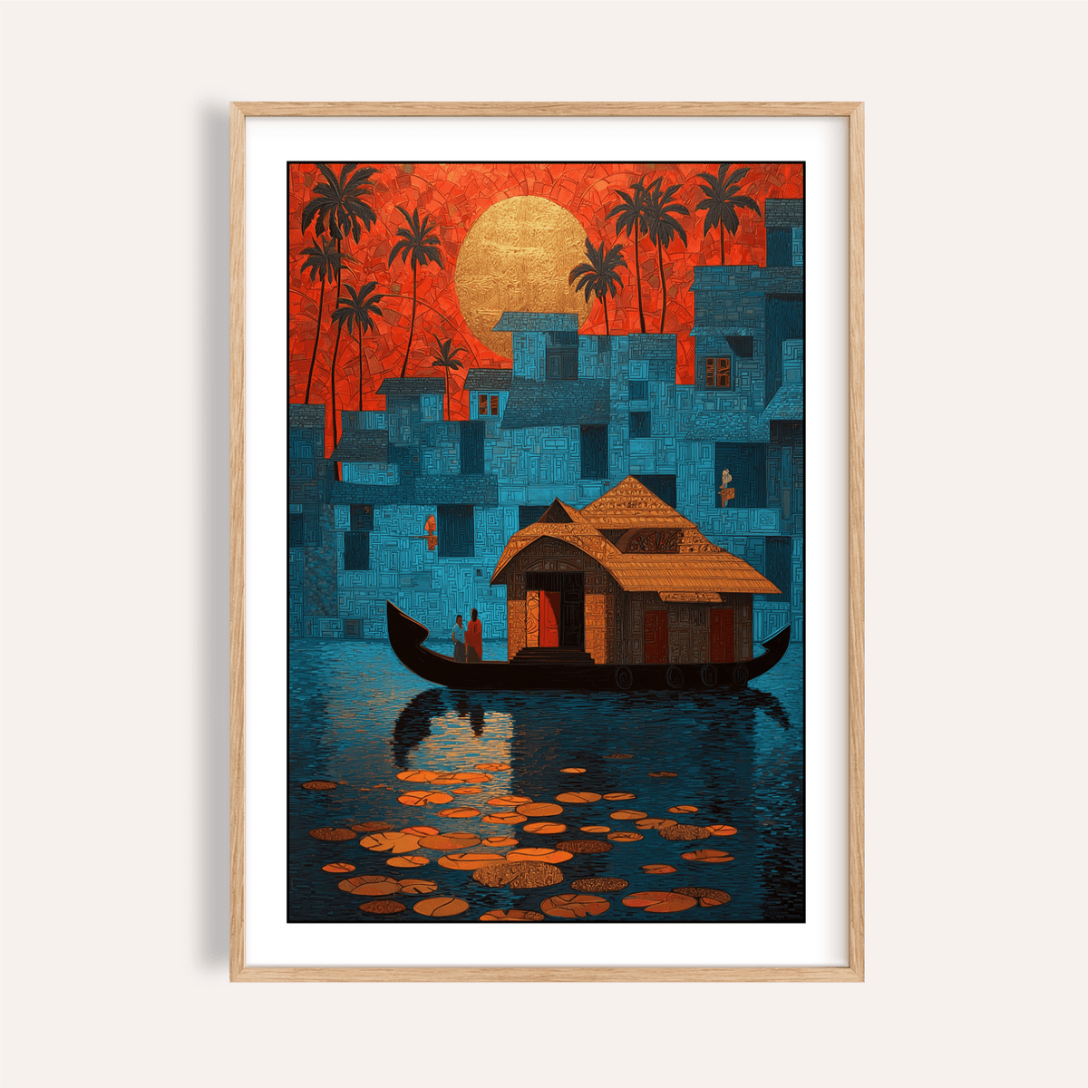 Framed Kerala wall art of a houseboat on water with blue buildings and orange sky