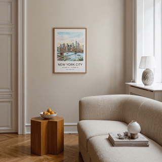 New York City wall art of Brooklyn Bridge and Manhattan skyline in soft watercolour above a wooden side table