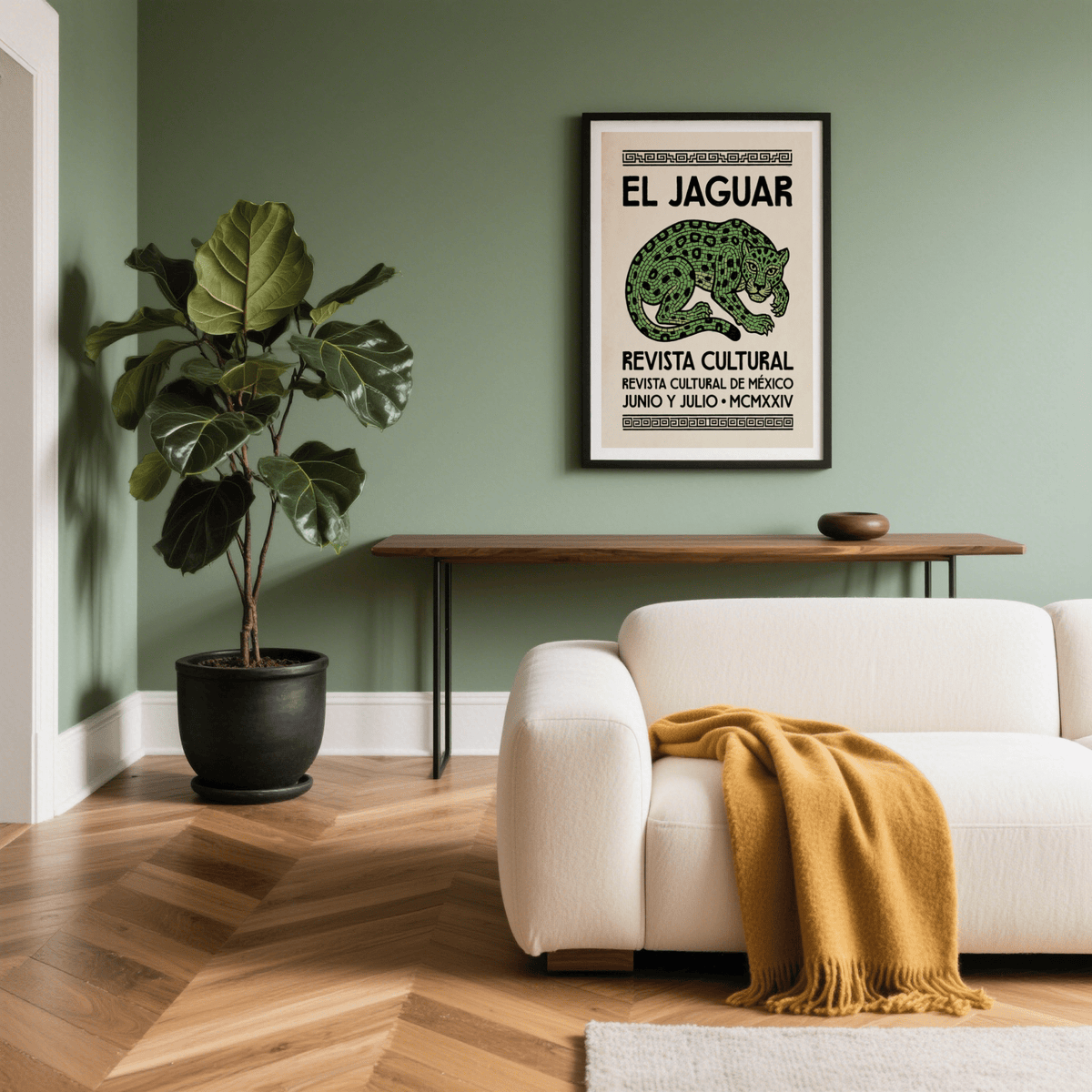 El Jaguar Poster on a green wall above a wooden table in a sitting room with a plant and cream sofa