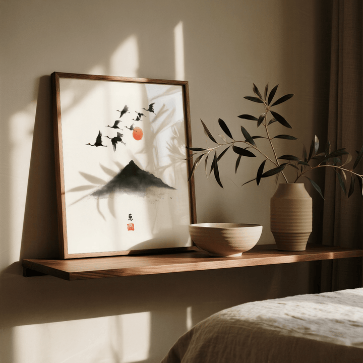 Crane Mountain Art print leaning on a wooden shelf with a vase and bowl in soft natural light