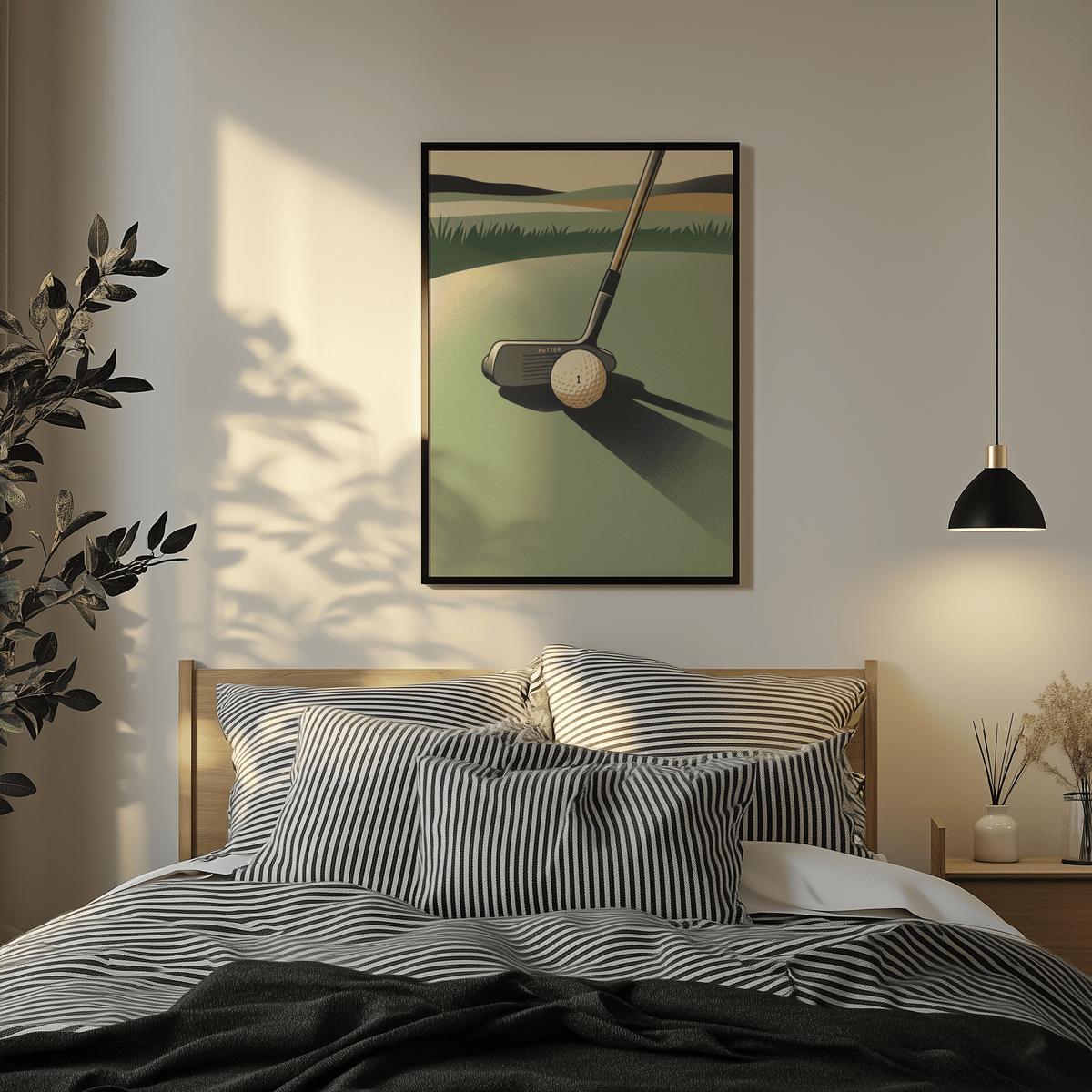 Golf putter art print in minimalist style with green and cream tones above bed with striped pillows