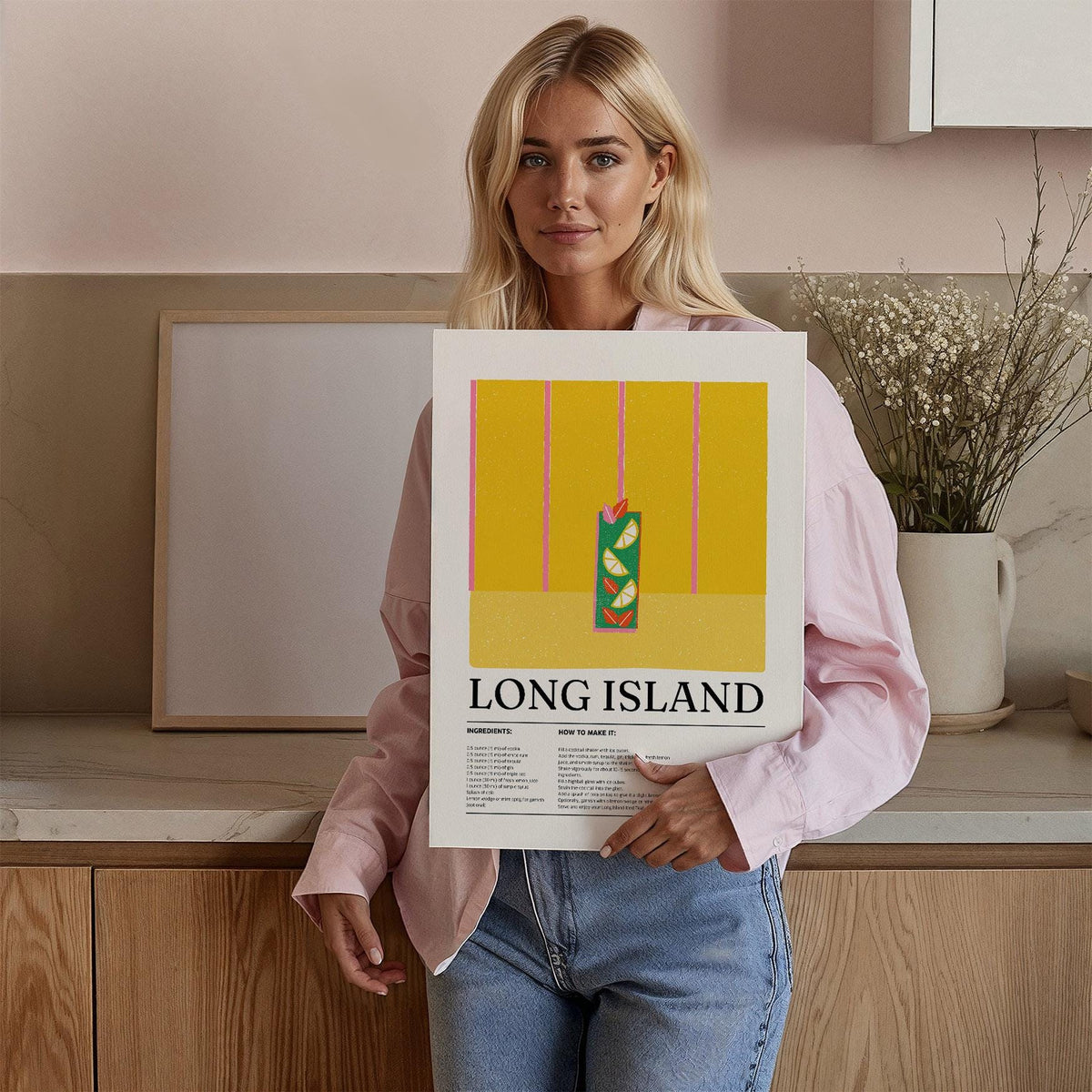 Person holding Long Island Lines drink print with yellow and green minimalist illustration