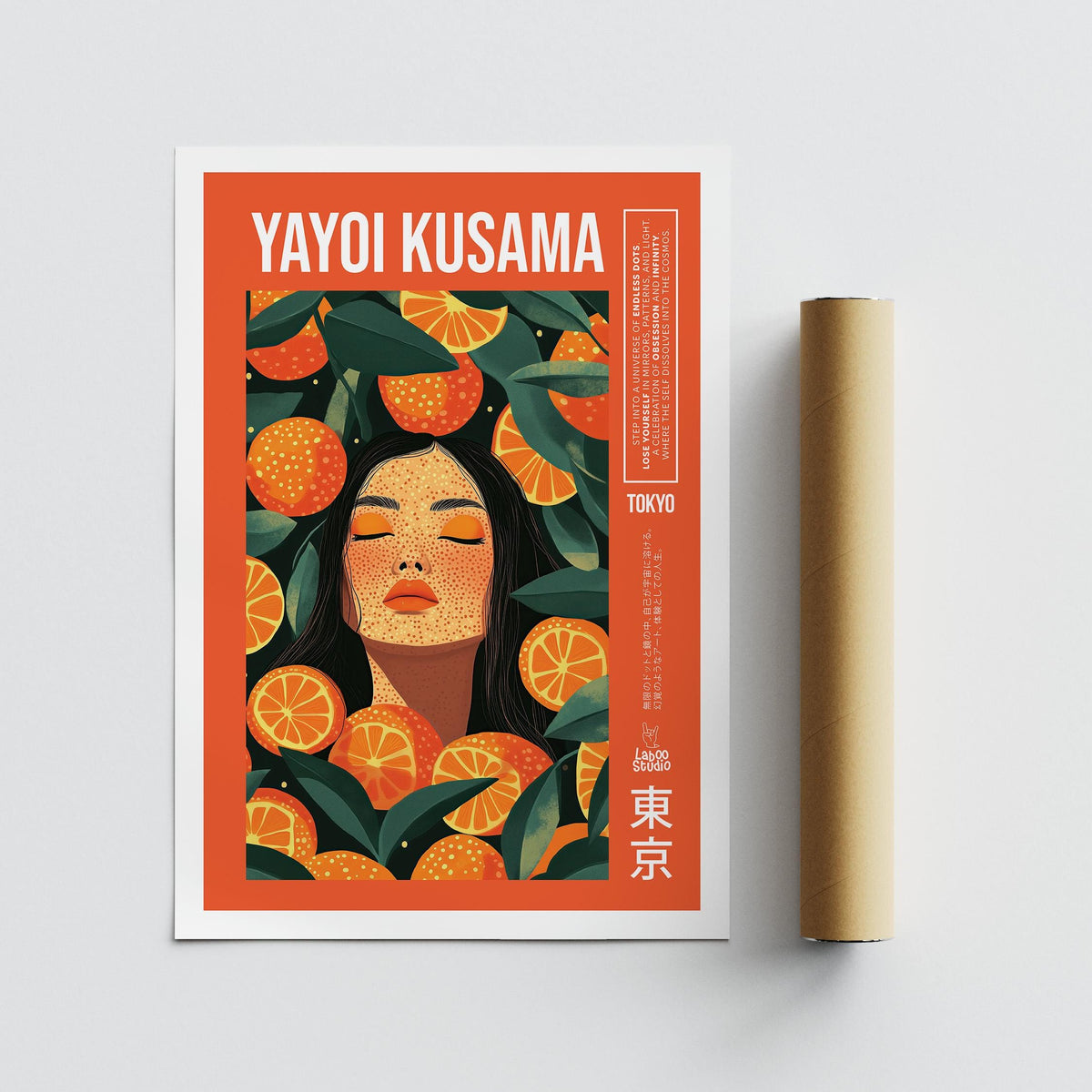 Cool Wall Art of a woman surrounded by orange slices with dark green leaves next to a packaging tube