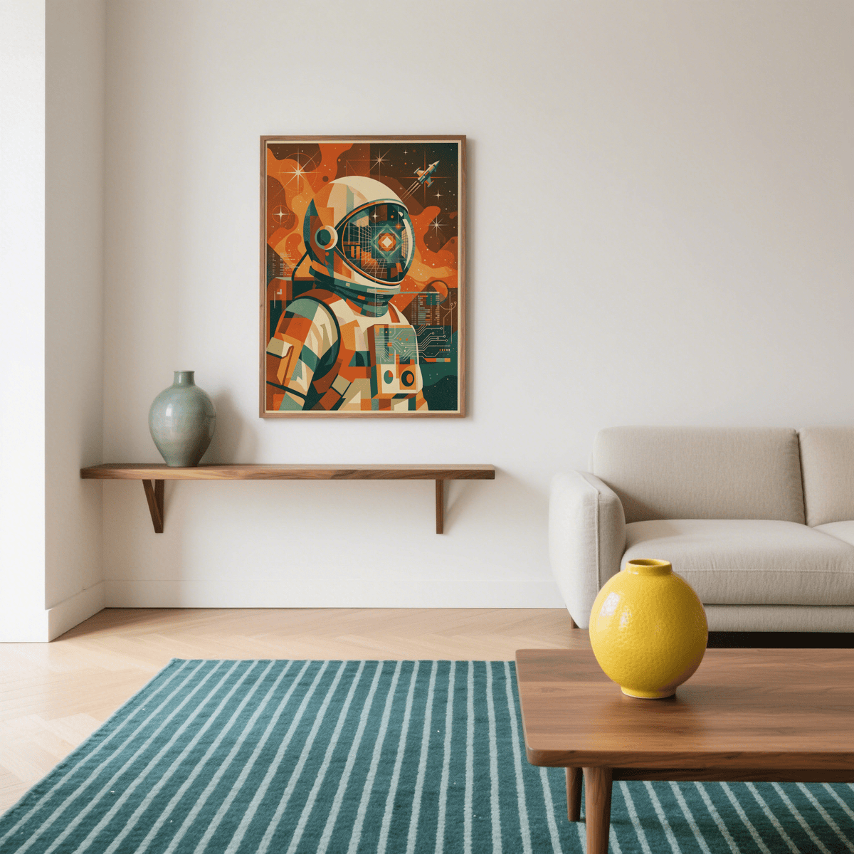 Retro Astronaut Poster print on wall with orange and green retro style above shelf with green vase
