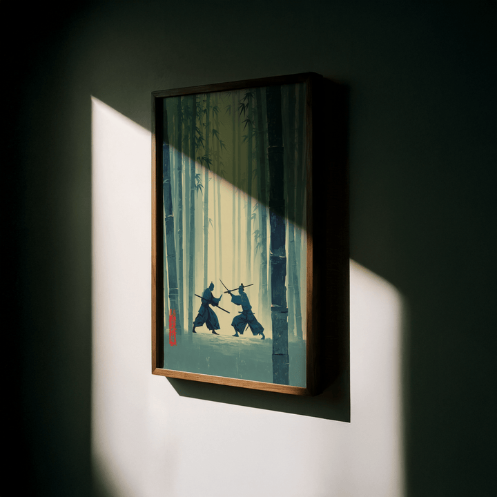 Framed Samurai Bamboo wall art lit by sunlight on a dark wall showing two samurai fighting