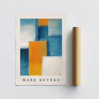 Blue and yellow wall art rolled print with packaging tube showing abstract colour blocks