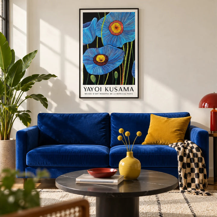 Big Flower Wall Art, framed on the wall of a bold modern living room with a warm white wall