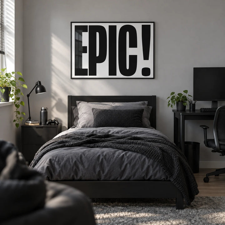 Big Text Sign Wall Art, framed on the wall of a teenage gamer's single bedroom (13-17) with a light grey wall