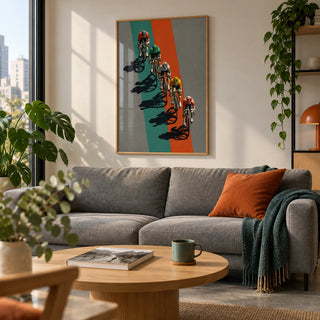 Biking Wall Art, framed on the wall of a modern city-flat living room
