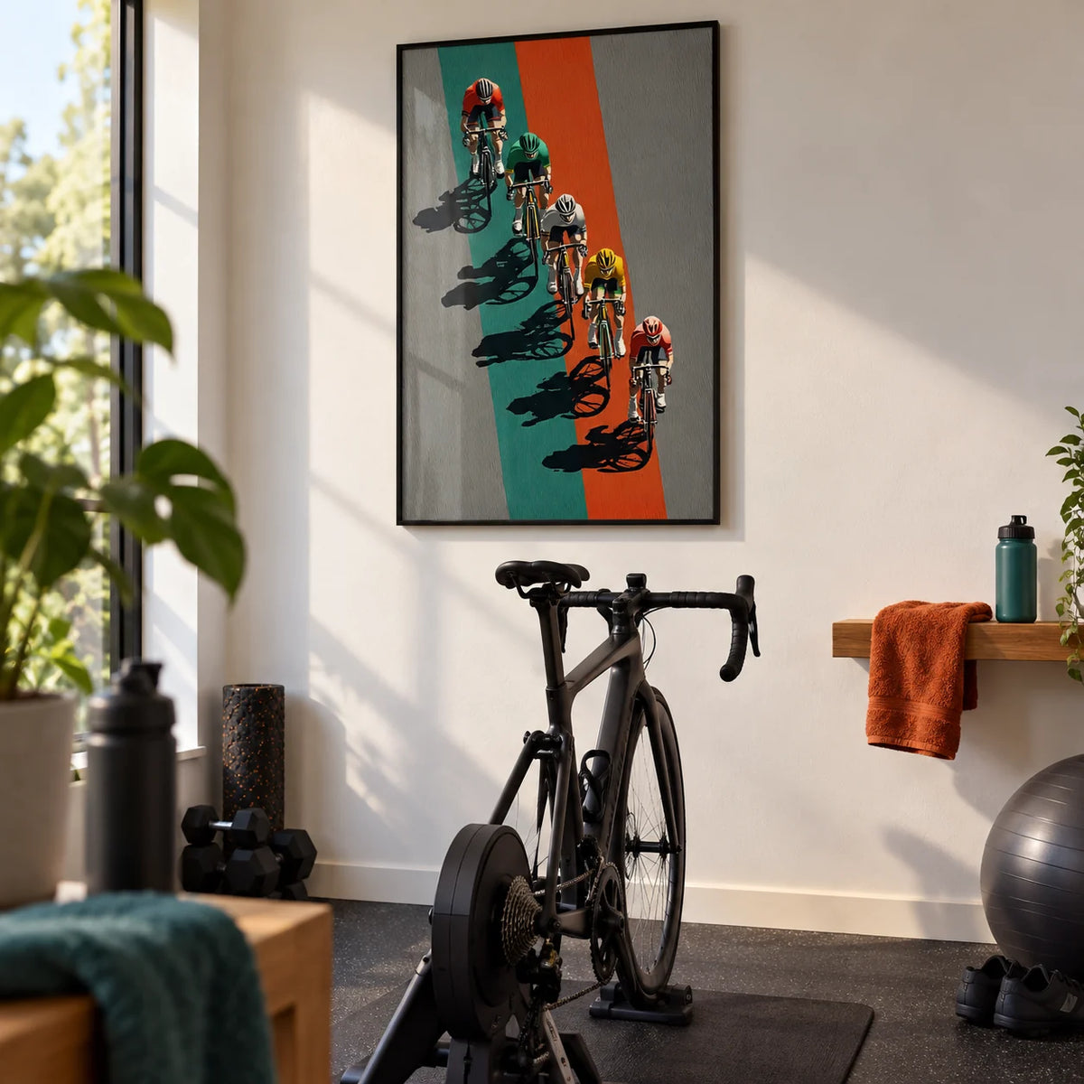 Biking Wall Art, framed on the wall of a modern home training room