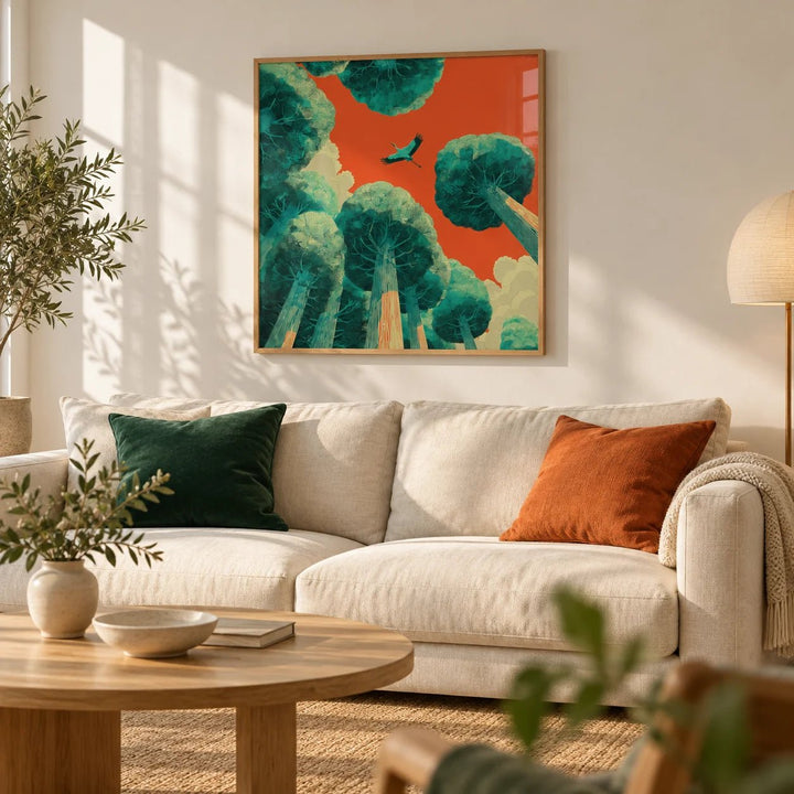Bird In Flight Wall Art, framed on the wall of a calm modern living room