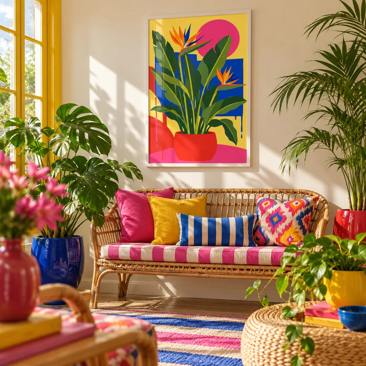 Bird of Paradise Print, framed on the wall of a bright sunroom