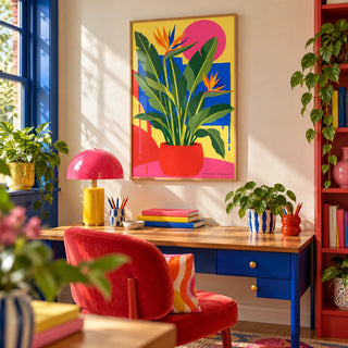 Bird of Paradise Print, framed on the wall of a cheerful home office