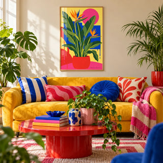 Bird of Paradise Print, framed on the wall of a colourful plant-filled living room