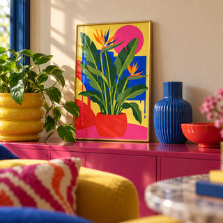 Bird of Paradise Print, a small A4 framed print leaning on a colourful lacquered shelf in a living room