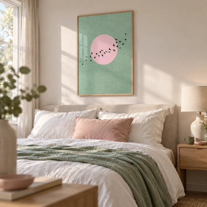 Birds Art Print, framed on the wall of a soft bedroom