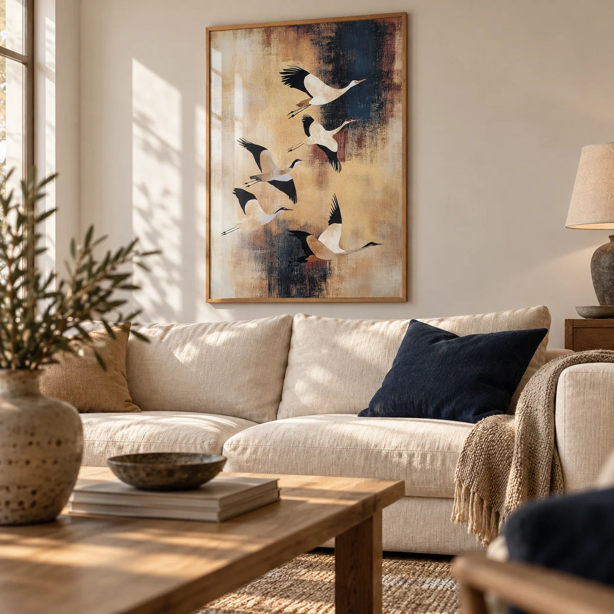 Birds Flying Wall Art, framed on the wall of a calm living room
