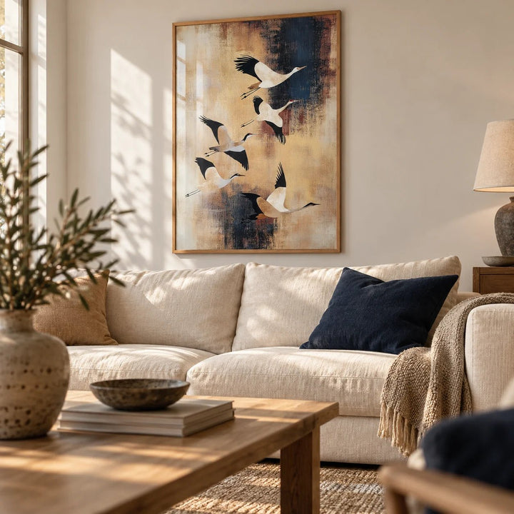 Birds Flying Wall Art, framed on the wall of a calm living room