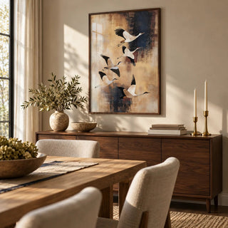 Birds Flying Wall Art, framed on the wall of a warm dining room