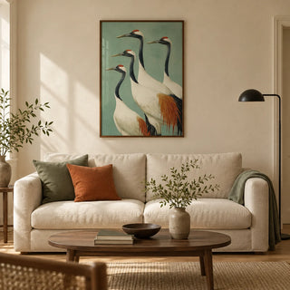 Birds Wall Art, framed on the wall of a calm Japanese-inspired living room in a UK terraced house with warm cream plaster walls and oak floorboards