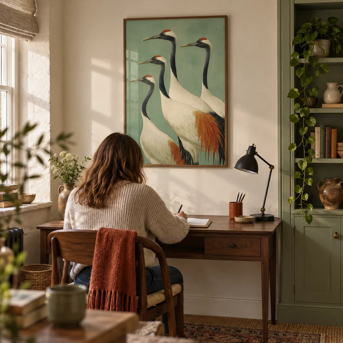 Birds Wall Art, framed on the wall of a peaceful home study in a UK cottage with a warm white wall and a built-in sage green cupboard