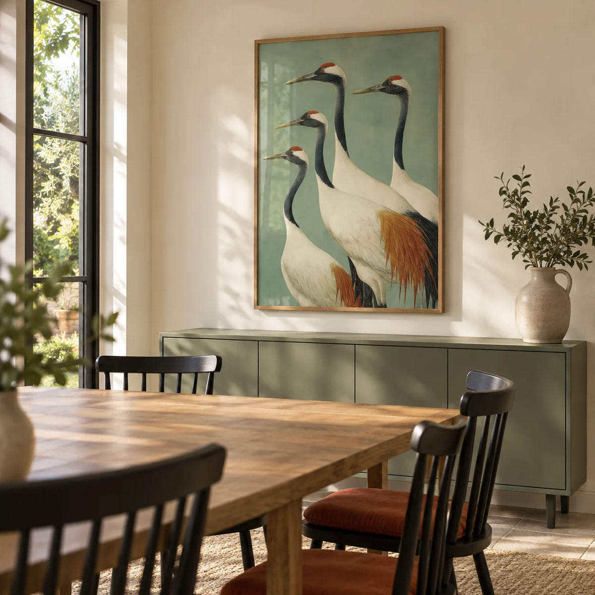 Birds Wall Art, framed on the wall of a quiet dining room with chalky cream walls and a garden-facing window