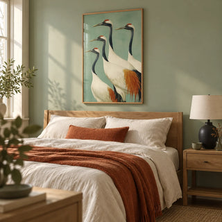 Birds Wall Art, framed on the wall of a restful main bedroom with a pale sage wall and natural oak furniture