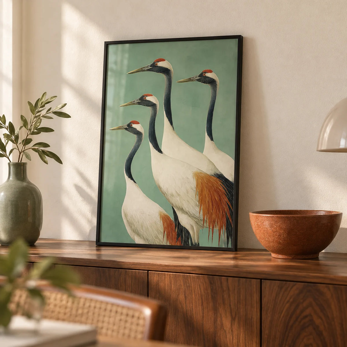 Birds Wall Art, a small A4 framed print leaning on a walnut sideboard in a living room