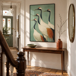 Birds Wall Art, framed on the wall of a welcoming hallway in a Victorian UK terrace with warm white walls and restored timber floorboards