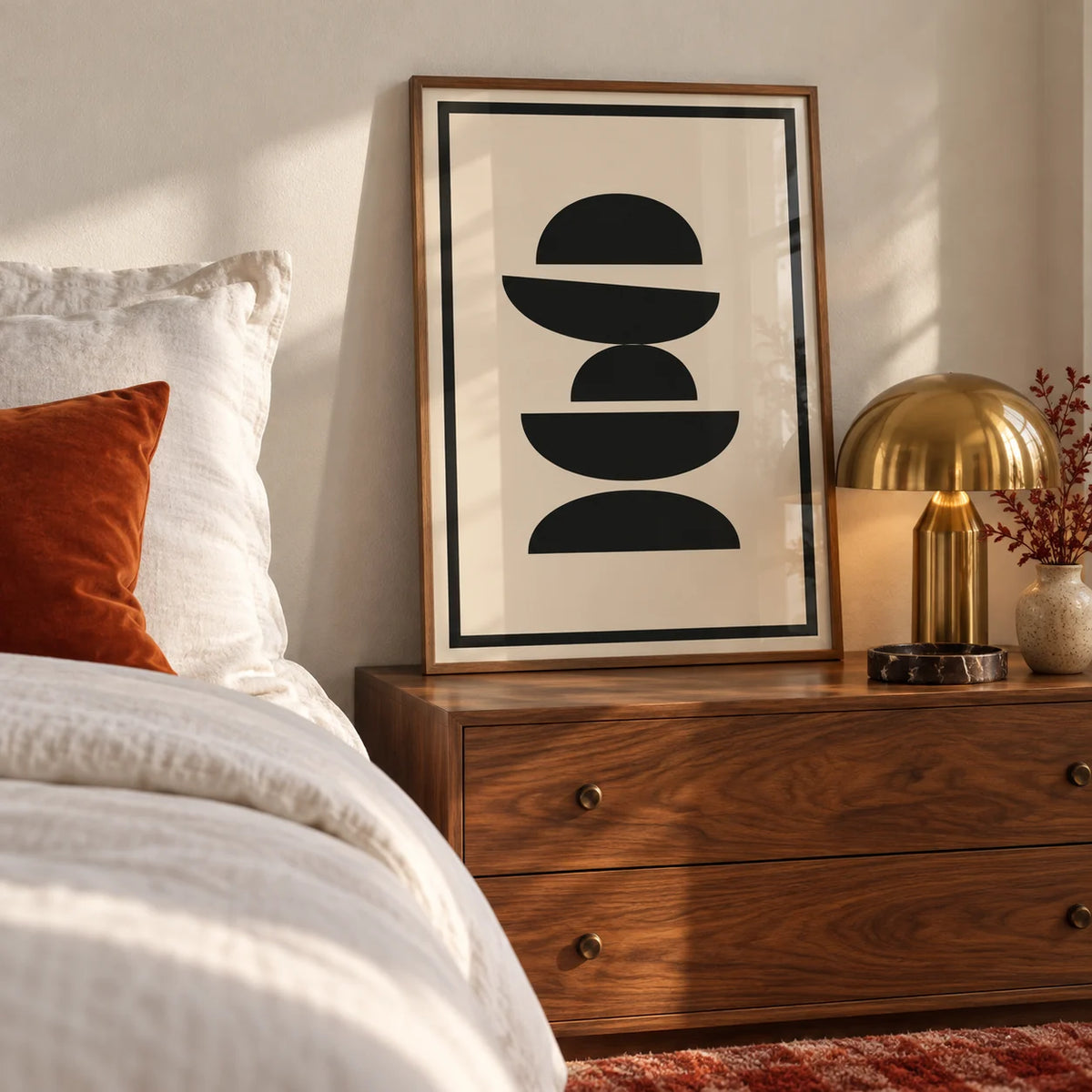 Black and Cream Wall Art, framed on the wall of a calm mid-century bedroom