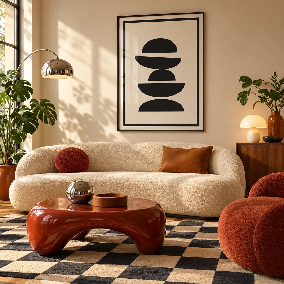 Black and Cream Wall Art, framed on the wall of a mid-century living room