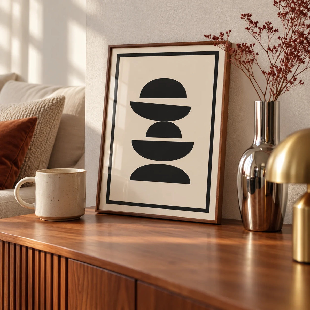 Black and Cream Wall Art, a small A4 framed print leaning on a walnut sideboard in a living room