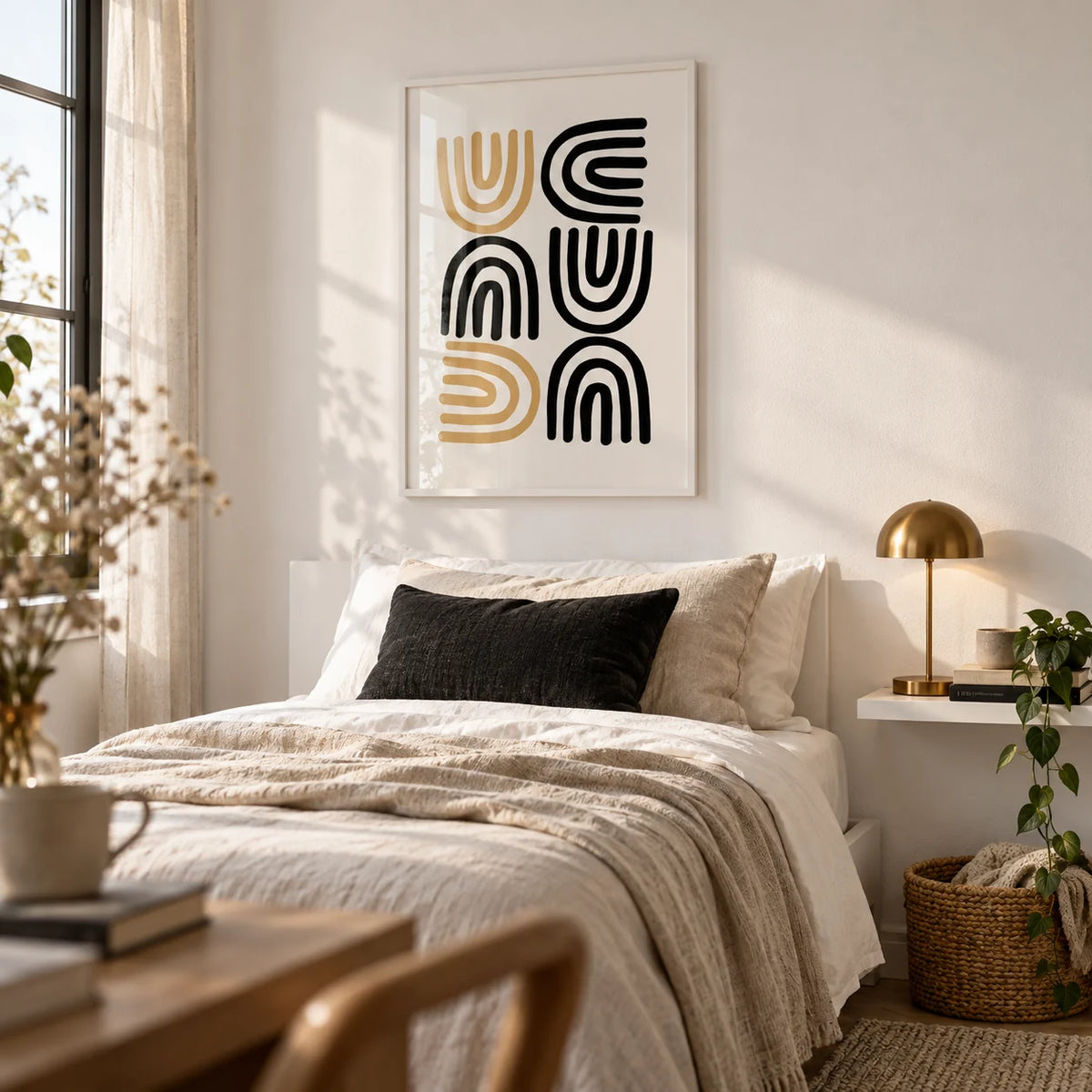 Black and Gold Pictures, framed on the wall of a stylish single bedroom for a young woman (17-24) with a white wall