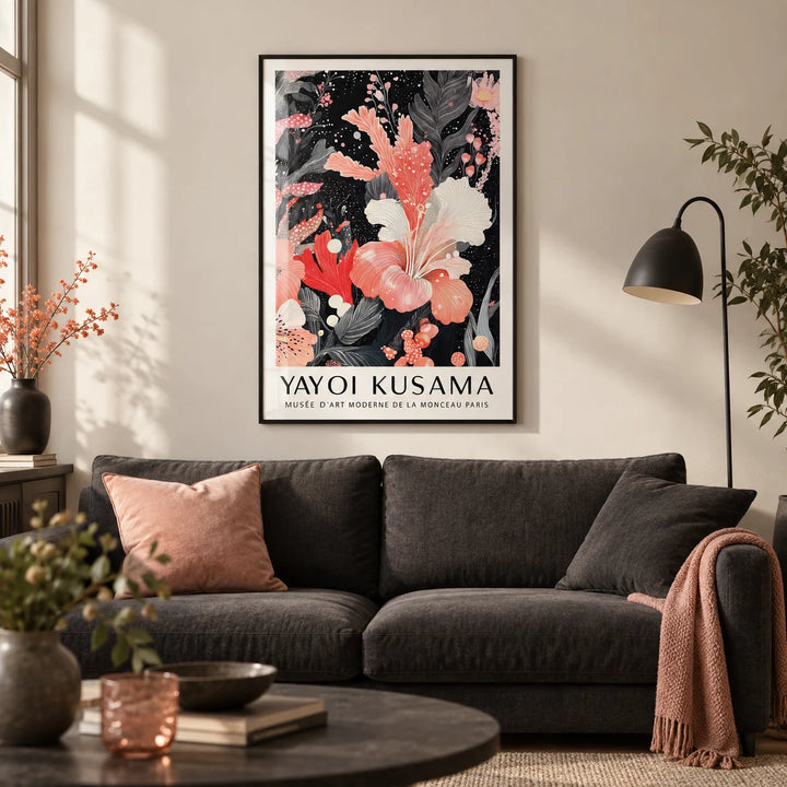Black and Pink Wall Art, framed on the wall of a moody modern living room with a warm white wall