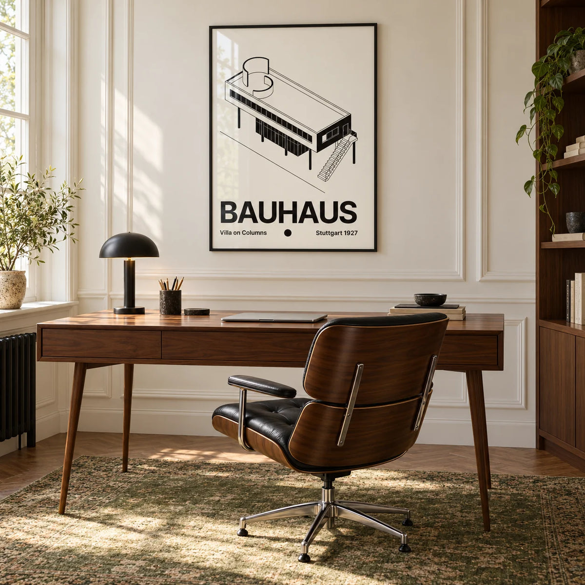 Black and White Architecture Poster, framed on the wall of a calm home office with cream panelled walls and a vintage green rug