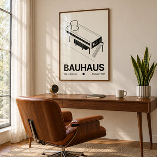 Black and White Architecture Poster, framed on the wall of a mid-century study by a tall window with a sheer curtain