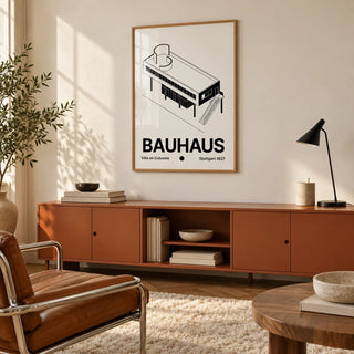 Black and White Architecture Poster, framed on the wall of a warm minimal room with a cream wall and a shaggy cream rug in a home office