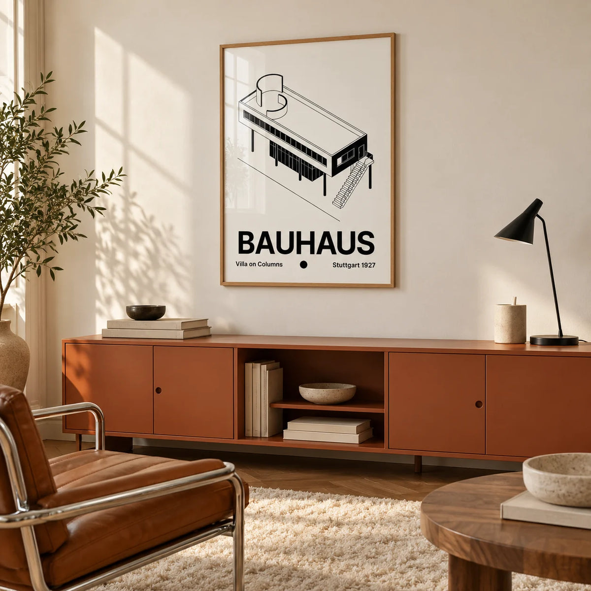 Black and White Architecture Poster, framed on the wall of a warm minimal room with a cream wall and a shaggy cream rug in a home office