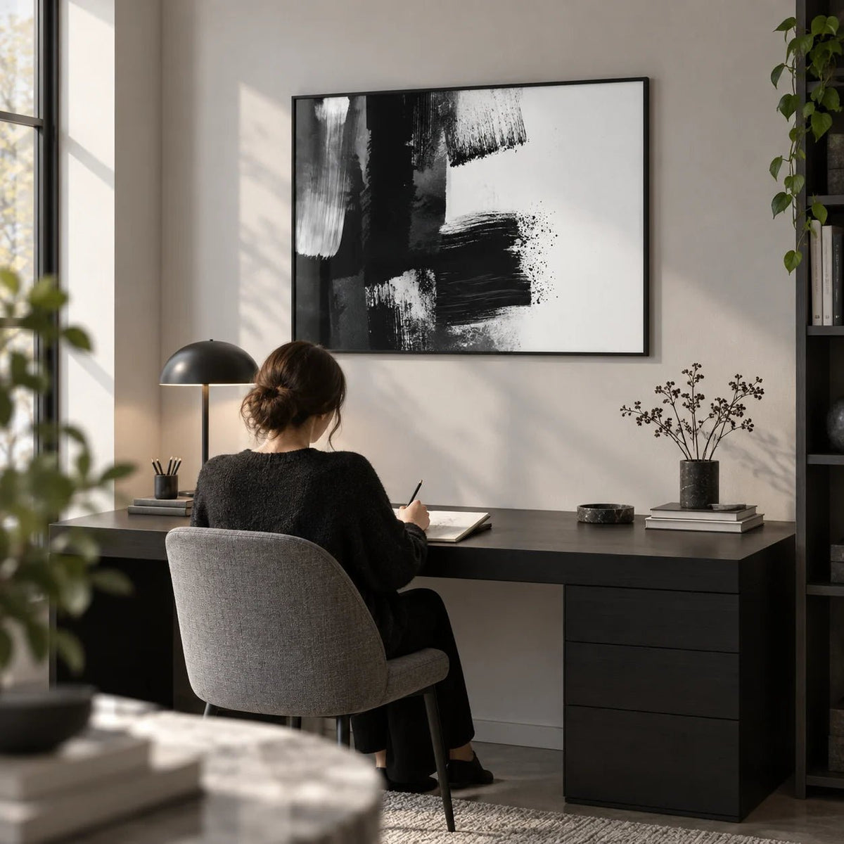 Black and White Art Print, framed on the wall of a modern study with a light grey wall