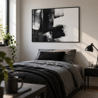 Black and White Art Print, framed on the wall of a young man's single bedroom (19-26) with a white wall
