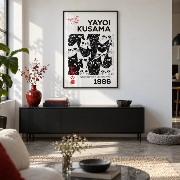 Black and White Cat Art, framed on the wall of a crisp design-led city flat living room with a white wall and a polished concrete floor