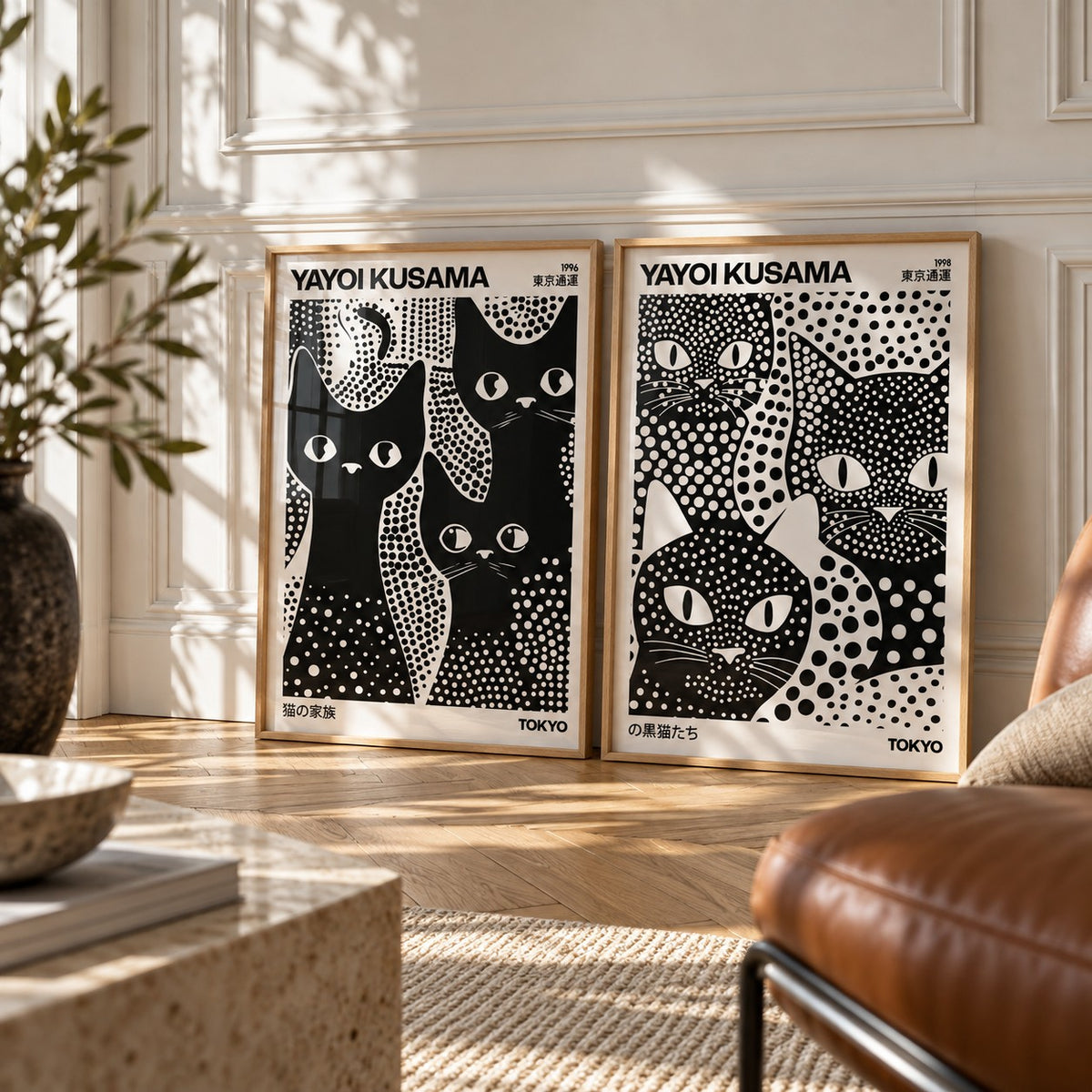 Black and White Cat Prints Set of 2 styled leaning against a white panelled wall on herringbone parquet: 3 Black Cats and Kusama Black Cats shown framed side by side (frames not included)