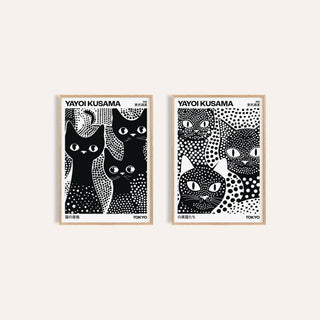 Black and White Cat Prints Set of 2: 3 Black Cats and Kusama Black Cats side by side, two separate unframed prints