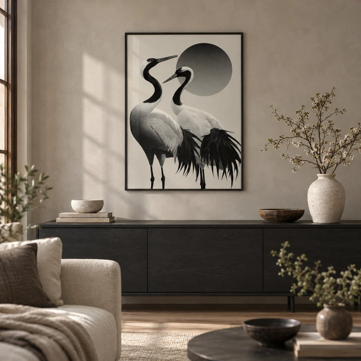 Black And White Crane Print, framed on the wall of a calm Japandi living room with a warm grey limewashed wall