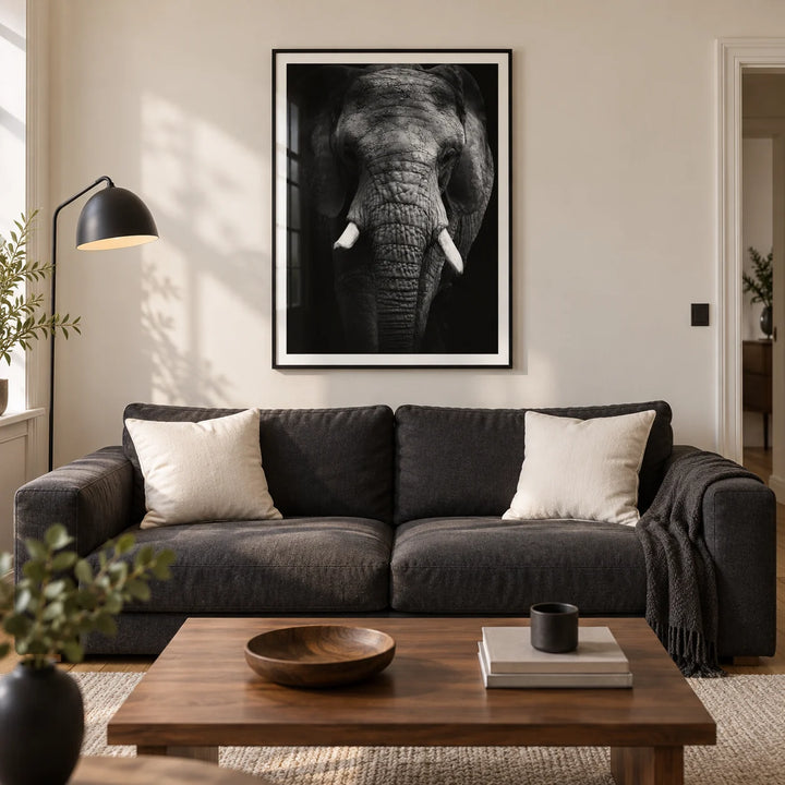 Elephant Print, framed on the wall of a contemporary living room in a UK terraced house with a warm white wall and oak floor